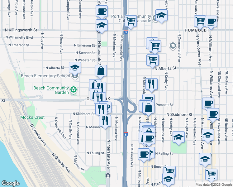 map of restaurants, bars, coffee shops, grocery stores, and more near 4615 North Montana Avenue in Portland