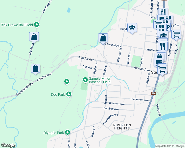 map of restaurants, bars, coffee shops, grocery stores, and more near 28 Poole Avenue in Stellarton