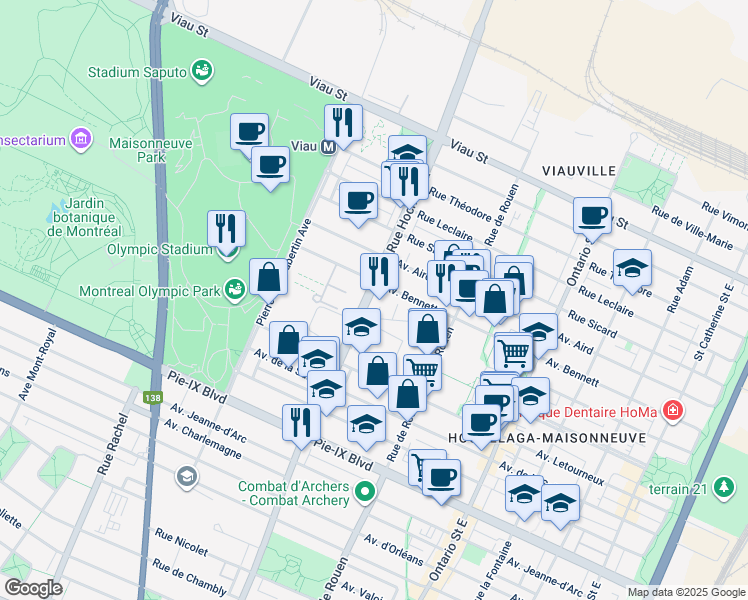 map of restaurants, bars, coffee shops, grocery stores, and more near 4500 Rue Hochelaga in Montréal