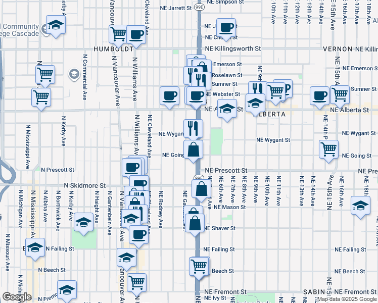 map of restaurants, bars, coffee shops, grocery stores, and more near 4608 Northeast Garfield Avenue in Portland