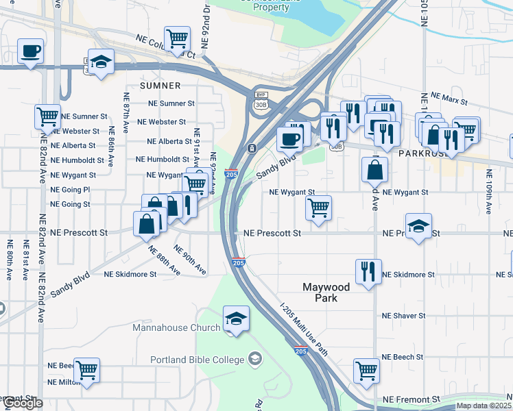 map of restaurants, bars, coffee shops, grocery stores, and more near 4607 Northeast 95th Avenue in Portland