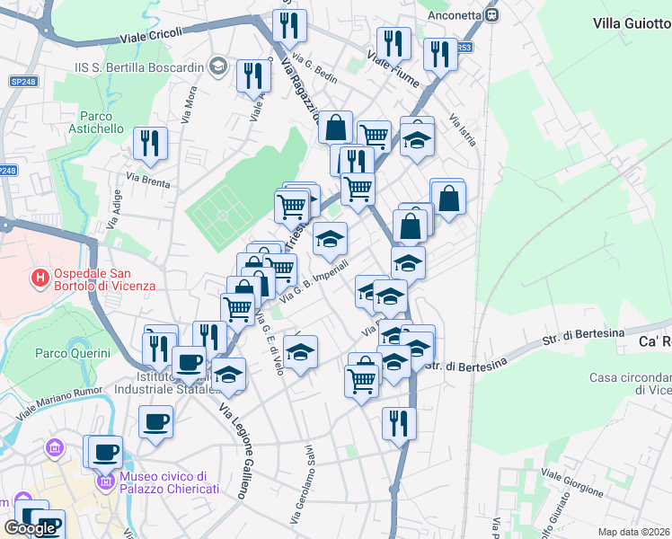 map of restaurants, bars, coffee shops, grocery stores, and more near 21 Via Alessandro Massaria in Vicenza