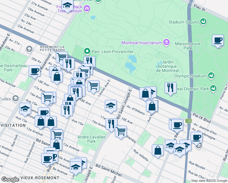 map of restaurants, bars, coffee shops, grocery stores, and more near 5117 Avenue Charlemagne in Montréal
