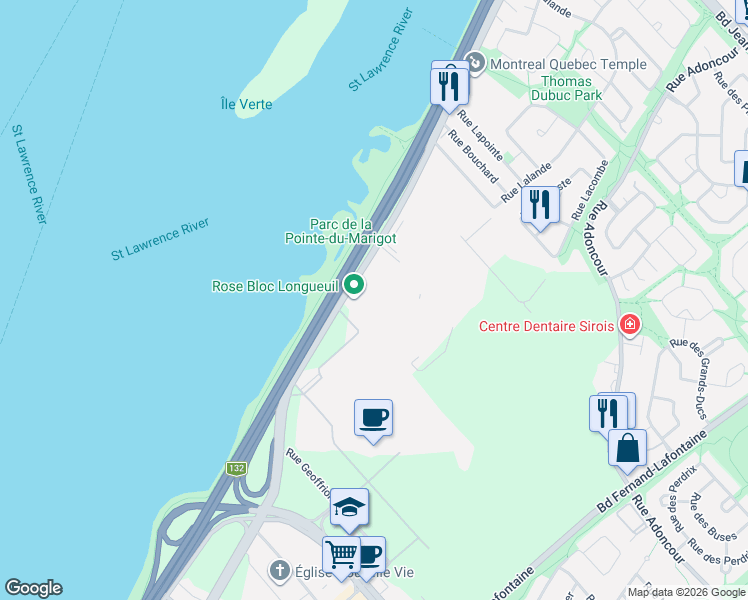 map of restaurants, bars, coffee shops, grocery stores, and more near 1100 Boulevard Marie-Victorin in Longueuil