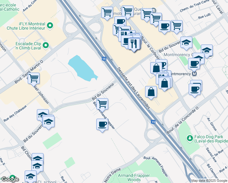 map of restaurants, bars, coffee shops, grocery stores, and more near Boulevard du Souvenir in Laval