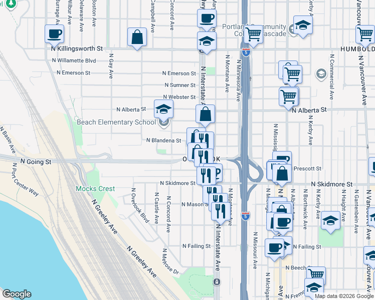 map of restaurants, bars, coffee shops, grocery stores, and more near 1550 North Blandena Street in Portland