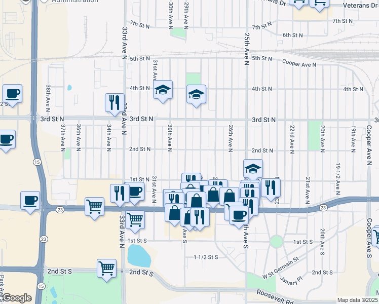 map of restaurants, bars, coffee shops, grocery stores, and more near 148 29th Avenue North in St. Cloud