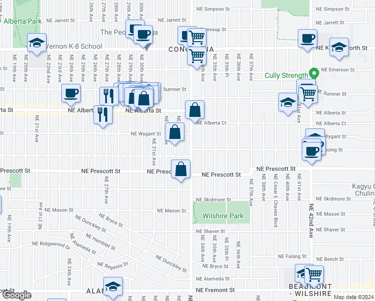 map of restaurants, bars, coffee shops, grocery stores, and more near 4621 Northeast 33rd Avenue in Portland