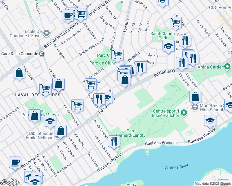 map of restaurants, bars, coffee shops, grocery stores, and more near 313 A Boulevard Cartier Ouest in Laval