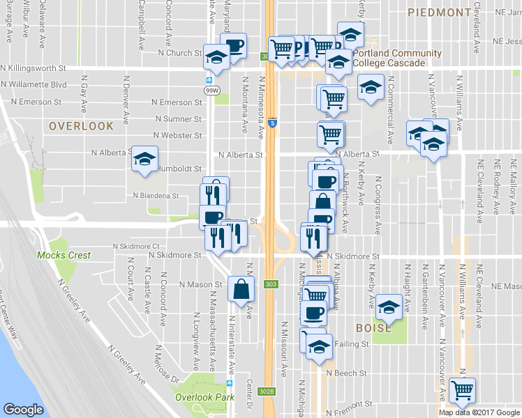 map of restaurants, bars, coffee shops, grocery stores, and more near 4623 North Minnesota Avenue in Portland