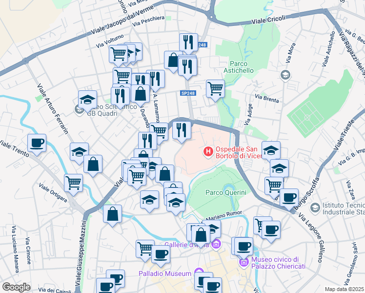 map of restaurants, bars, coffee shops, grocery stores, and more near 77 Contrà San Bortolo in Vicenza