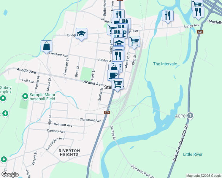 map of restaurants, bars, coffee shops, grocery stores, and more near 21 Acadia Avenue in Stellarton