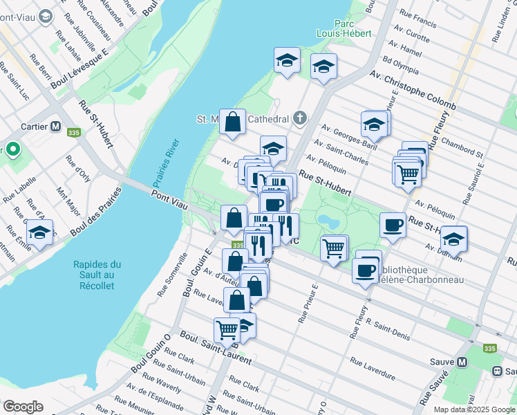 map of restaurants, bars, coffee shops, grocery stores, and more near 10800 Avenue Millen in Montréal