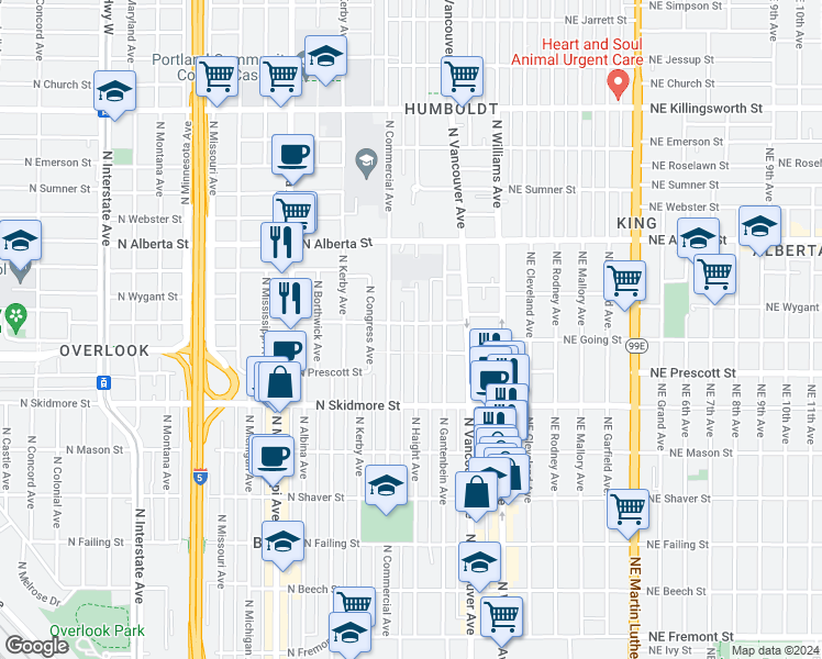 map of restaurants, bars, coffee shops, grocery stores, and more near 4622 North Haight Avenue in Portland