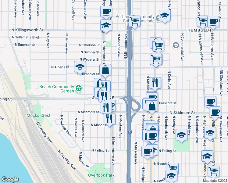 map of restaurants, bars, coffee shops, grocery stores, and more near 4615 North Montana Avenue in Portland