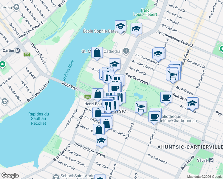 map of restaurants, bars, coffee shops, grocery stores, and more near 609 Boulevard Henri-Bourassa Est in Montréal