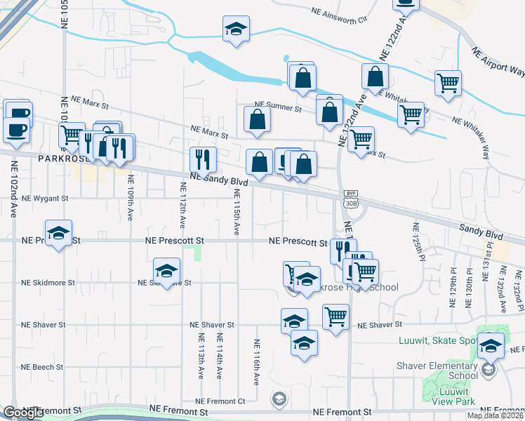 map of restaurants, bars, coffee shops, grocery stores, and more near 4628 Northeast 116th Avenue in Portland