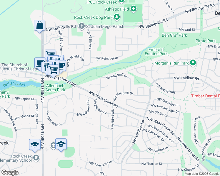 map of restaurants, bars, coffee shops, grocery stores, and more near 17632 Northwest Deerbrook Court in Portland