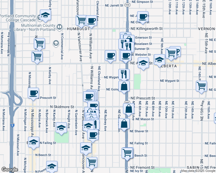 map of restaurants, bars, coffee shops, grocery stores, and more near 4614 Northeast Rodney Avenue in Portland