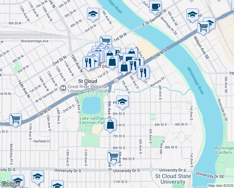 map of restaurants, bars, coffee shops, grocery stores, and more near 311 8th Avenue South in St. Cloud