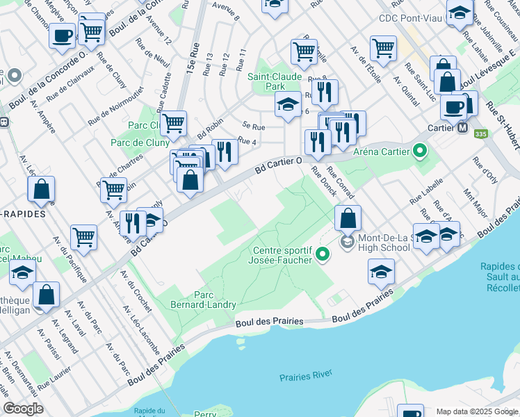 map of restaurants, bars, coffee shops, grocery stores, and more near 211 15e Rue in Laval