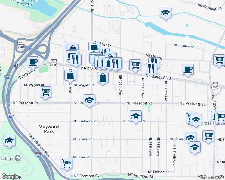 map of restaurants, bars, coffee shops, grocery stores, and more near 10810a Northeast Wygant Street in Portland