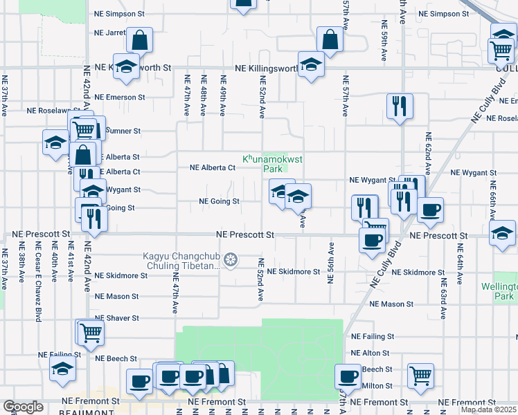 map of restaurants, bars, coffee shops, grocery stores, and more near 5120 Northeast Going Street in Portland