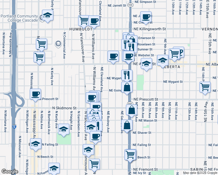 map of restaurants, bars, coffee shops, grocery stores, and more near 127 Northeast Going Street in Portland