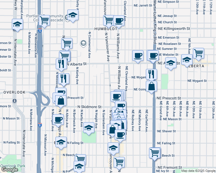 map of restaurants, bars, coffee shops, grocery stores, and more near 4635 North Vancouver Avenue in Portland