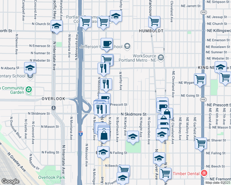 map of restaurants, bars, coffee shops, grocery stores, and more near 4611 North Kerby Avenue in Portland