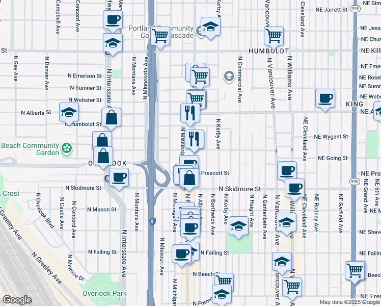 map of restaurants, bars, coffee shops, grocery stores, and more near 4615 North Mississippi Avenue in Portland