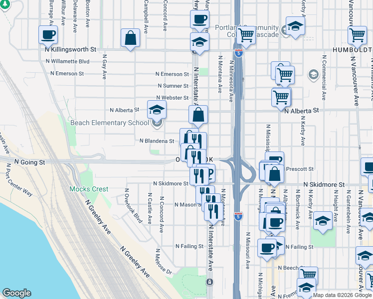 map of restaurants, bars, coffee shops, grocery stores, and more near 1550 North Blandena Street in Portland