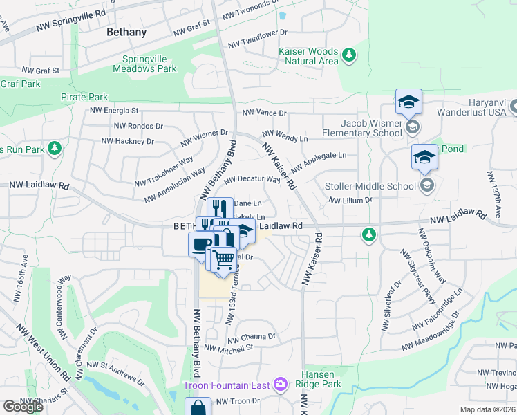 map of restaurants, bars, coffee shops, grocery stores, and more near 15207 Northwest Blakely Lane in Portland