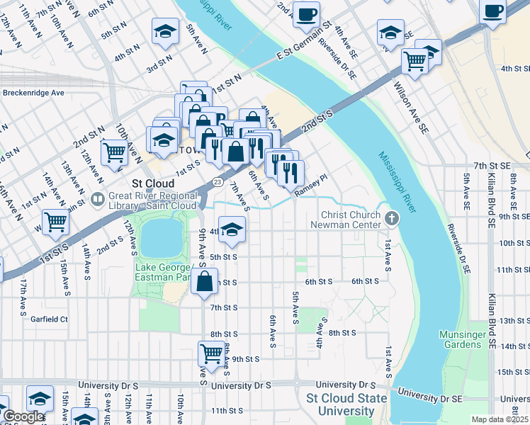map of restaurants, bars, coffee shops, grocery stores, and more near 343 6th Avenue South in St. Cloud