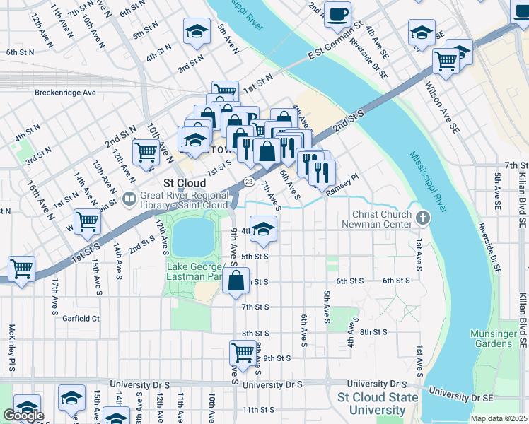 map of restaurants, bars, coffee shops, grocery stores, and more near 327 7th Avenue South in St. Cloud