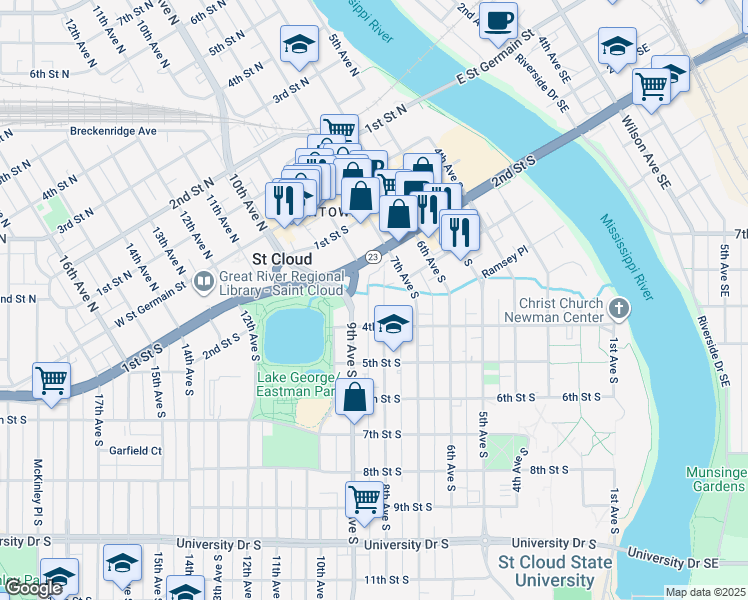 map of restaurants, bars, coffee shops, grocery stores, and more near 311 8th Avenue South in St. Cloud