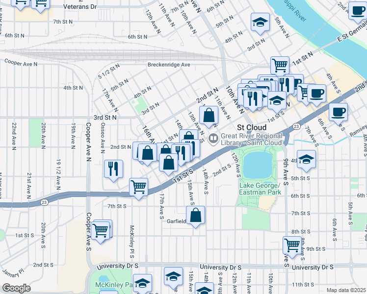 map of restaurants, bars, coffee shops, grocery stores, and more near 1400 West Saint Germain Street in St. Cloud