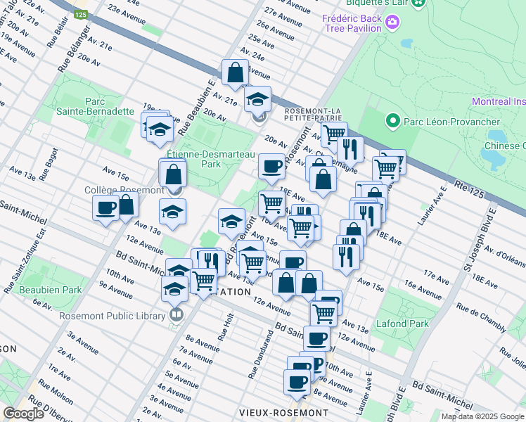map of restaurants, bars, coffee shops, grocery stores, and more near 3660 Boulevard Rosemont in Montréal