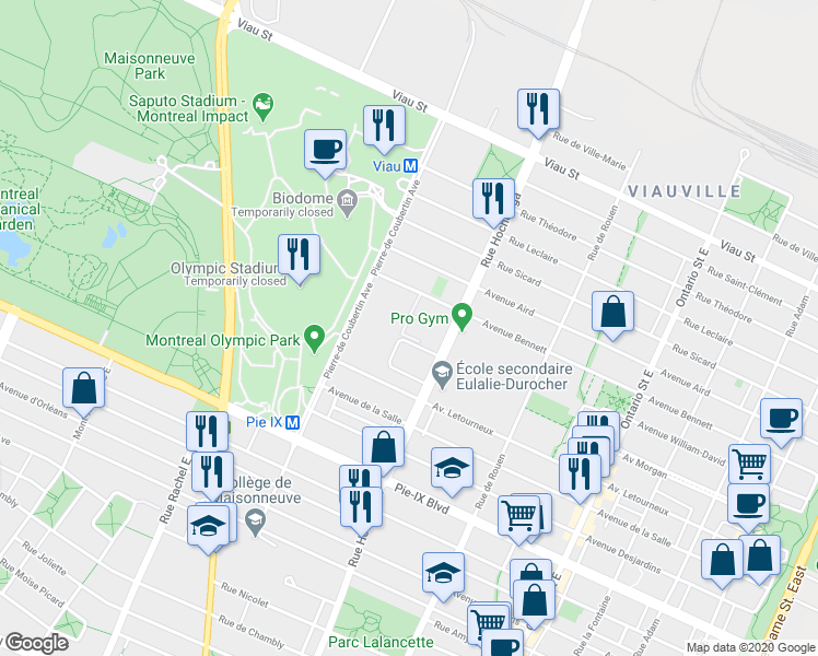 map of restaurants, bars, coffee shops, grocery stores, and more near 2492 Avenue Bennett in Montréal