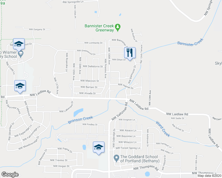map of restaurants, bars, coffee shops, grocery stores, and more near 12983 Northwest Red Cedar Court in Portland