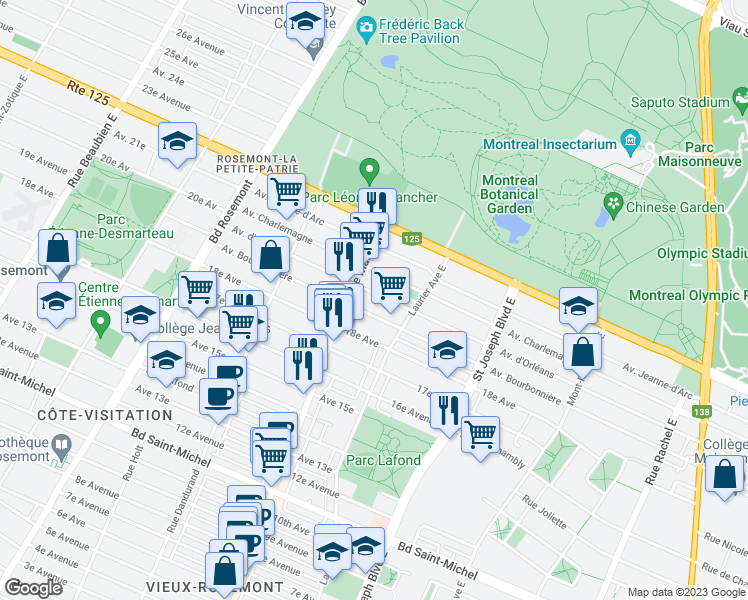 map of restaurants, bars, coffee shops, grocery stores, and more near 5330 Avenue d'Orléans in Montrã©Al