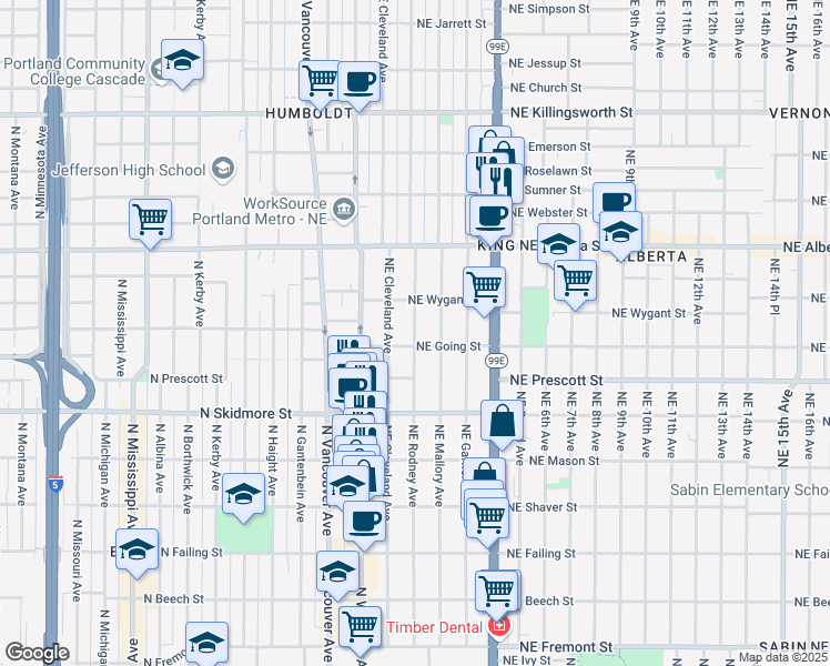 map of restaurants, bars, coffee shops, grocery stores, and more near 4614 Northeast Rodney Avenue in Portland