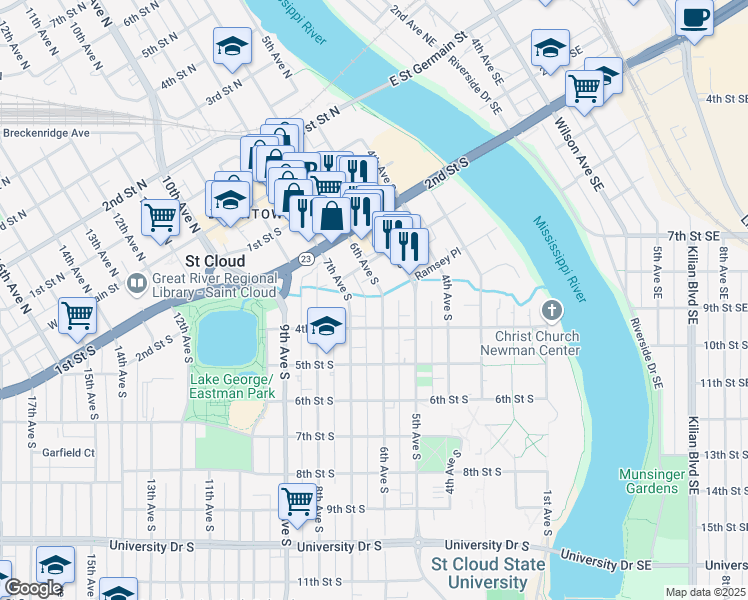 map of restaurants, bars, coffee shops, grocery stores, and more near 341 6th Avenue South in St. Cloud