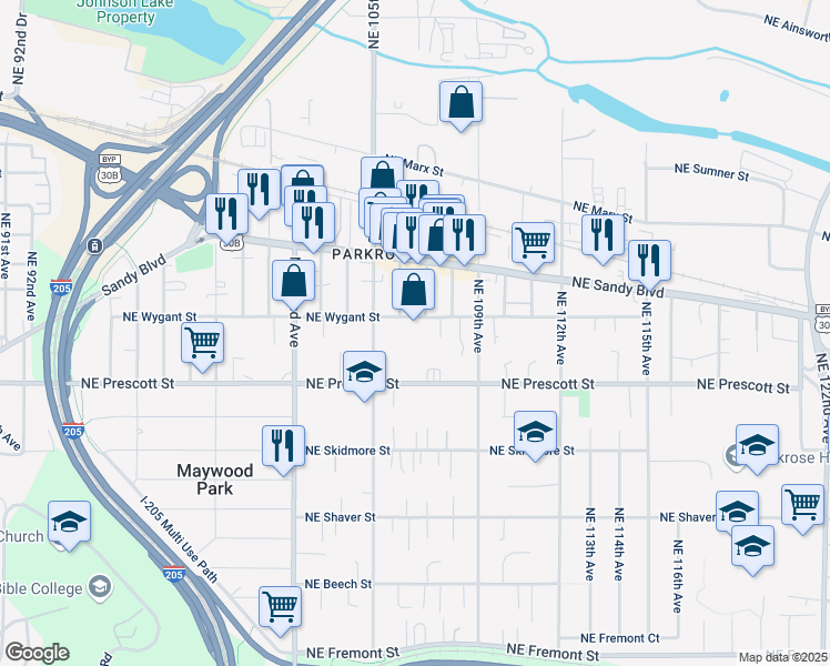 map of restaurants, bars, coffee shops, grocery stores, and more near 10624 Northeast Wygant Street in Portland