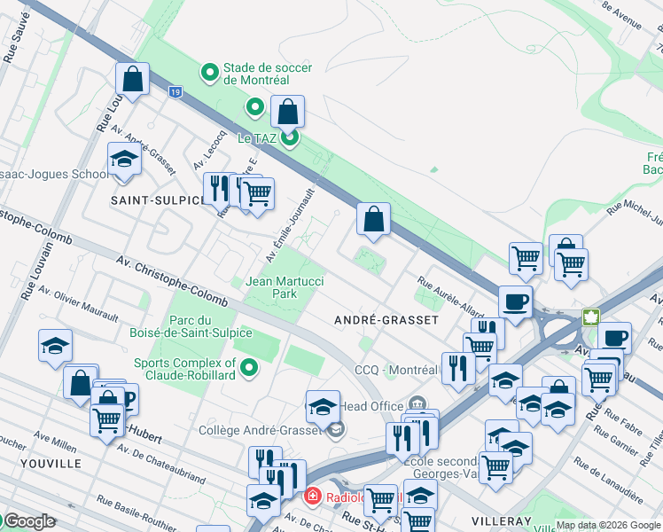 map of restaurants, bars, coffee shops, grocery stores, and more near 8767 Avenue André-Grasset in Montréal