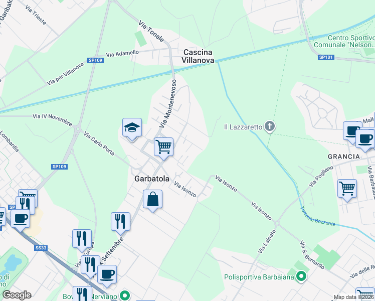 map of restaurants, bars, coffee shops, grocery stores, and more near 4 Via Asiago in Nerviano