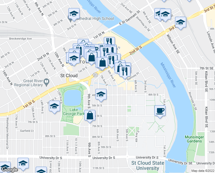 map of restaurants, bars, coffee shops, grocery stores, and more near 316 7th Avenue South in Saint Cloud