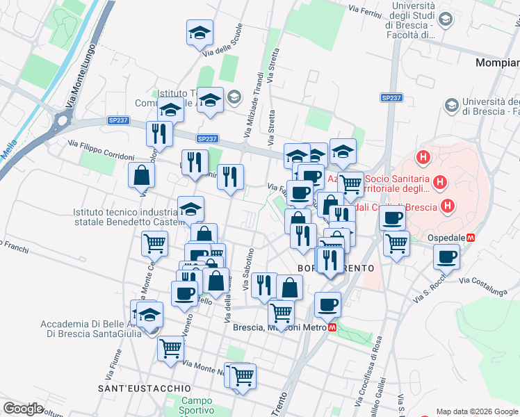 map of restaurants, bars, coffee shops, grocery stores, and more near 14 Via Monte Baldo in Brescia