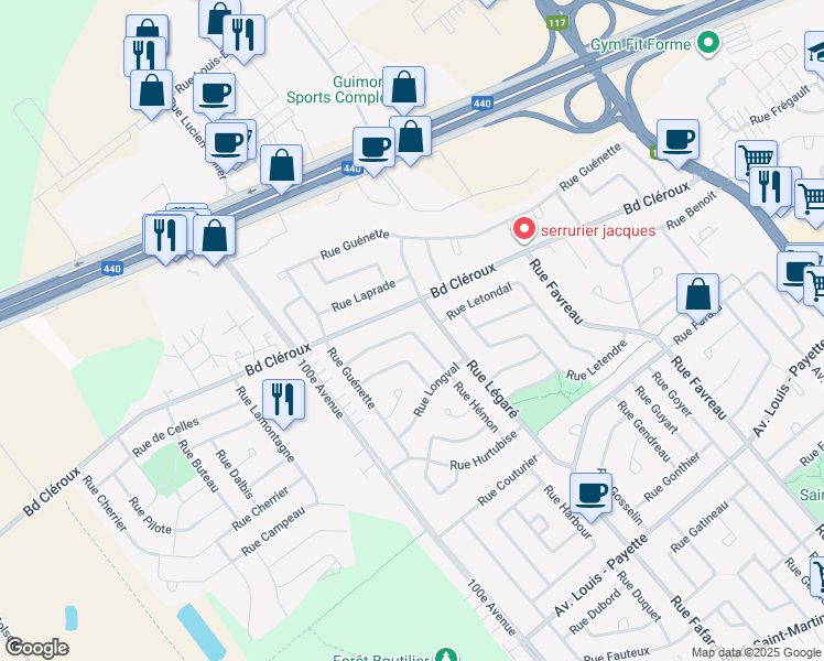 map of restaurants, bars, coffee shops, grocery stores, and more near 2501 Rue Hémon in Laval