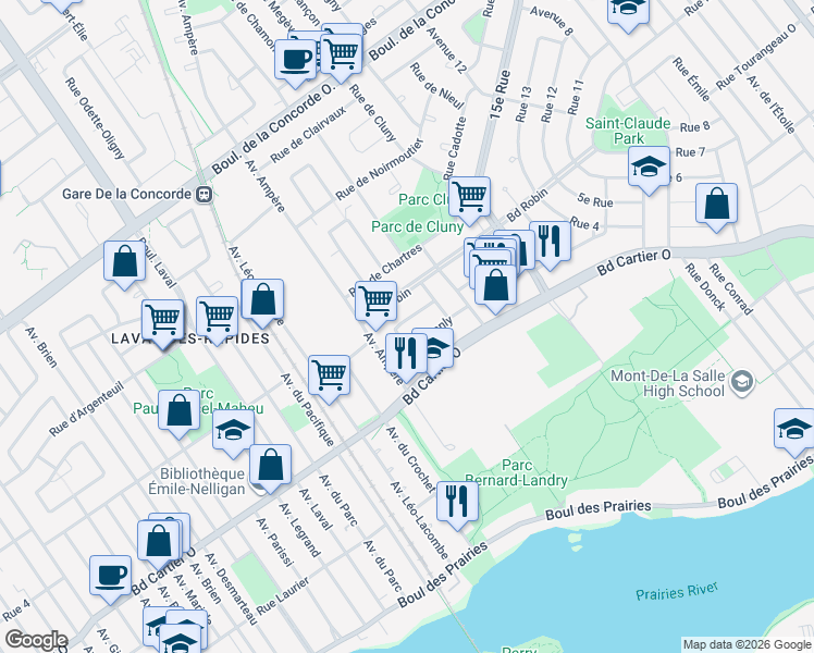 map of restaurants, bars, coffee shops, grocery stores, and more near 450 Rue Marconi in Laval